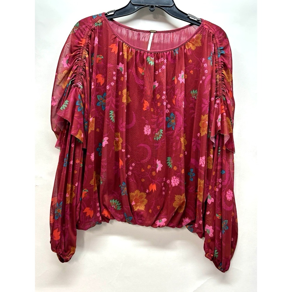 Free People Women's Floral Burgundy Medium Nylon Blend Blouse (C4)